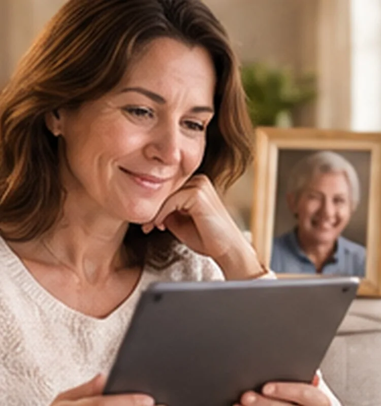 A woman relaxed at home, smiling at a tablet, with a framed photo of her mother on the shelf behind her