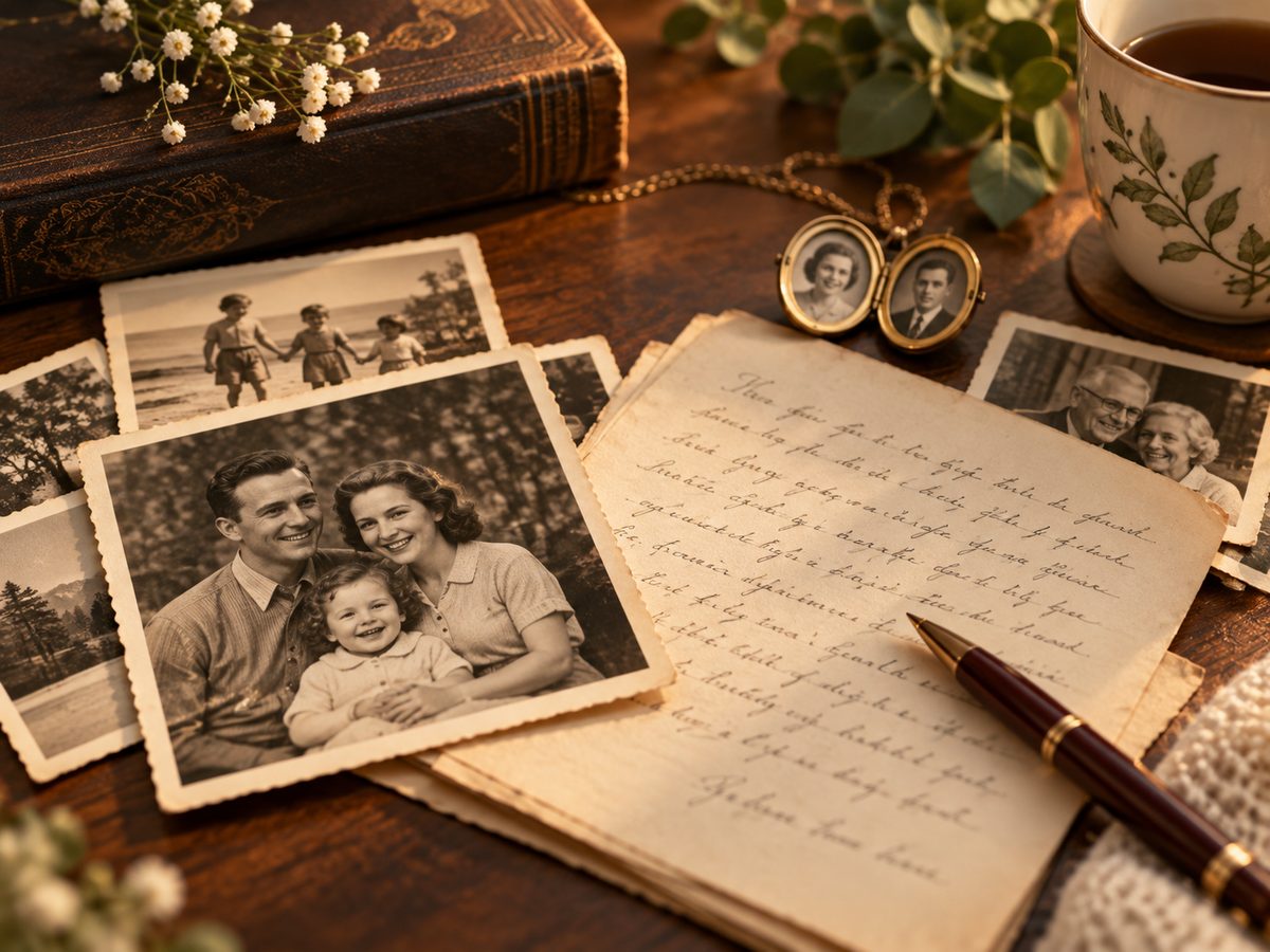 Old family photographs, a handwritten note and keepsakes on a table