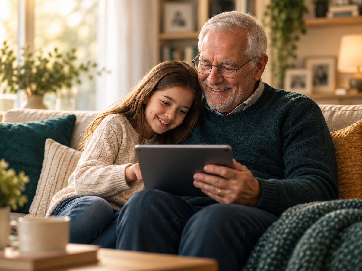 A grandfather and his granddaughter smiling together while using a tablet